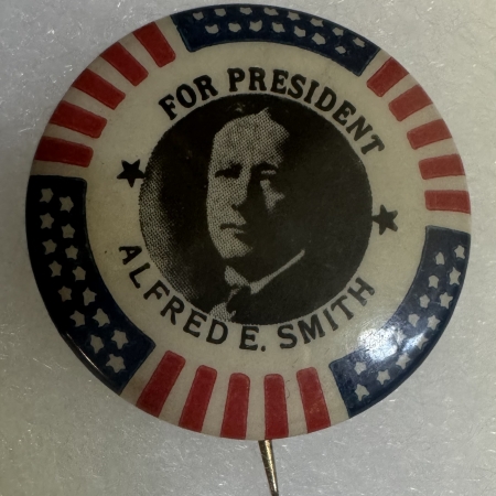 Political 1928 1 1/4″ FOR PRESIDENT ALFRED E SMITH BUTTON, R/W/B STARS/STRIPES BORDER-MINT