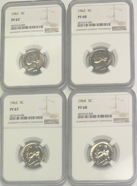 Jefferson Nickels 1961-64 JEFFERSON 5c SUPERB GEM PROOF LOT; NGC PR-67, 68, 67 & 68; BLAST-WHITE!