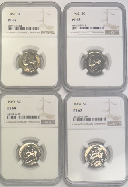 Jefferson Nickels 1961-64 JEFFERSON 5c GEM PROOF, 4 COINS; NGC PR-67, 68, 68 & 67; BLAST-WHITE!