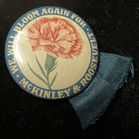 Political 1900 MCKINLEY-ROOSEVELT “BLOOM AGAIN” W/ PINK CARNATION 1 1/4″ CAMPAIGN BUTTON!