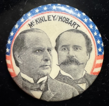 New Store Items 1896 MCKINLEY-HOBART 1 1/4″ JUGATE W/ STARS/STRIPES BORDER CAMPAIGN BUTTON-MINT!