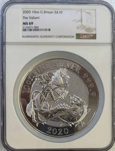 New Certified Coins 2020 GR. BRITAIN 10 OZ SILVER, 10 POUNDS “THE VALIANT”, NGC MS-69