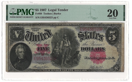 Large U.S. Notes 1907 $5 LEGAL TENDER, FR #88 TEEHEE-BURKE, PMG VF-20, NOTATED “STAINS”