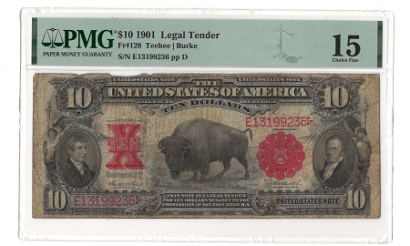 Legal Tender 1901 $10 LEGAL TENDER “BISON”, FR #120 TEEHEE-BURKE, PMG CHOICE ORIGINAL FINE-15