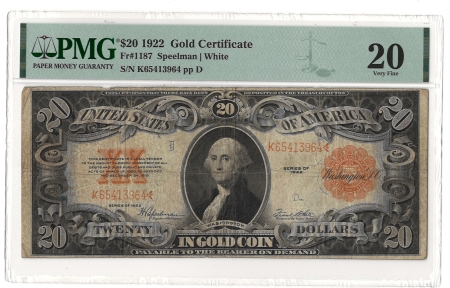 Large Gold Certificates 1922 $20 GOLD CERTIFICATE, FR #1187 SPEELMAN-WHITE, PMG VF-20, HONEST & ORIGINAL