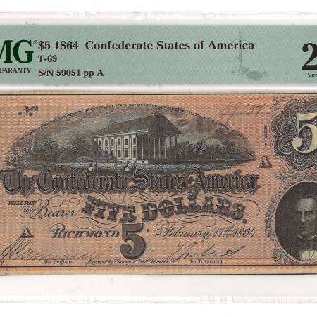 New Store Items 1864 $5 CONFEDERATE STATES OF AMERICA T-69, pp A, PMG VERY FINE-25-LOOKS BETTER!