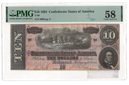 New Store Items 1864 $10 CONFEDERATE STATES OF AMERICA T-68, pp A, PMG CHOICE ABOUT UNC-58!