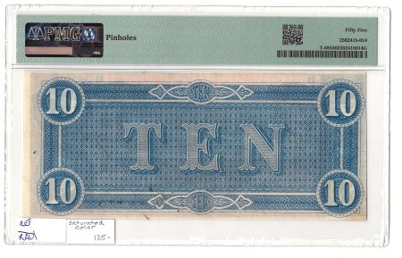 Confederate Notes 1864 $10 CONFEDERATE STATES OF AMERICA T-68, pp B, PMG CHOICE ABOUT UNC-55!