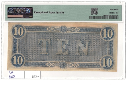 Confederate Notes 1864 $10 CONFEDERATE STATES OF AMERICA T-68, pp F, PMG CHOICE CRISP UNC-63 EPQ!