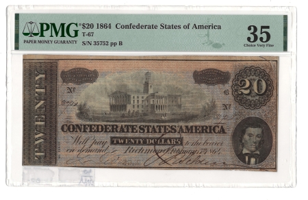 Confederate Notes 1864 $20 CONFEDERATE STATES OF AMERICA T-67, pp B, PMG CHOICE VERY FINE 35!