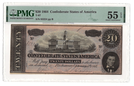 Confederate Notes 1864 $20 CONFEDERATE STATES OF AMERICA T-67, pp B, PMG CHOICE ALMOST UNC-55 EPQ 