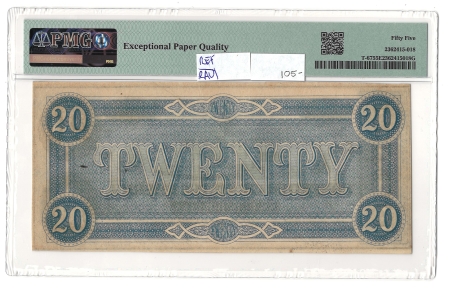 Confederate Notes 1864 $20 CONFEDERATE STATES OF AMERICA T-67, pp B, PMG CHOICE ALMOST UNC-55 EPQ 