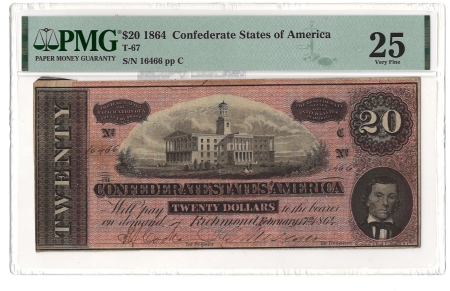 Confederate Notes 1864 $20 CONFEDERATE STATES OF AMERICA T-67, pp C, PMG VERY FINE-25!