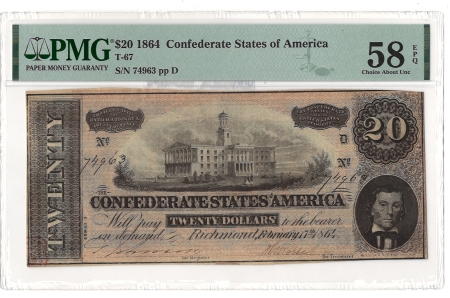 Confederate Notes 1864 $20 CONFEDERATE STATES OF AMERICA T-67, pp D, CHOICE ABOUT UNC-58 EPQ!