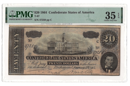 Confederate Notes 1864 $20 CONFEDERATE STATES OF AMERICA T-67, pp C, CHOICE VERY FINE-35 EPQ!