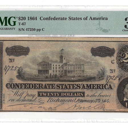 Confederate Notes 1864 $20 CONFEDERATE STATES OF AMERICA T-67, pp C, CHOICE VERY FINE-35 EPQ!