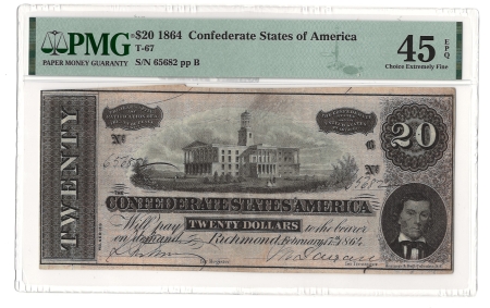 Confederate Notes 1864 $20 CONFEDERATE STATES OF AMERICA T-67, pp B, CHOICE EXTREMELY FINE-45 EPQ!