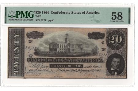 Confederate Notes 1864 $20 CONFEDERATE STATES OF AMERICA T-67, pp C, CHOICE AU-58, MINOR STAIN