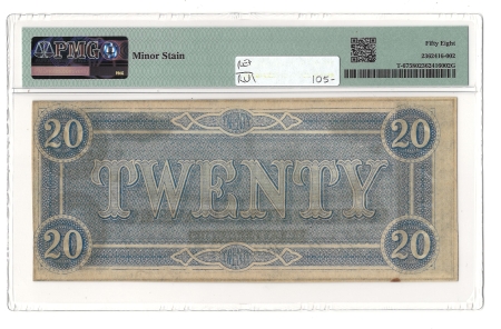 Confederate Notes 1864 $20 CONFEDERATE STATES OF AMERICA T-67, pp C, CHOICE AU-58, MINOR STAIN