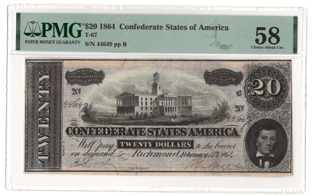 Confederate Notes 1864 $20 CONFEDERATE STATES OF AMERICA T-67, pp B, CHOICE AU-58 & LOOKS UNC!