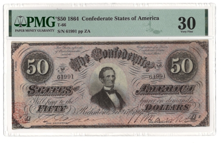 1864 $50 CONFEDERATE STATES OF AMERICA T-66, pp ZA, PMG VERY FINE-30!