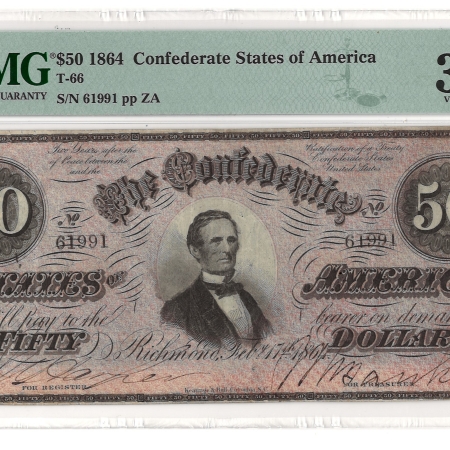 1864 $50 CONFEDERATE STATES OF AMERICA T-66, pp ZA, PMG VERY FINE-30!