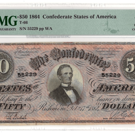 Confederate Notes 1864 $50 CONFEDERATE STATES OF AMERICA T-66, pp WA, PMG CHOICE VERY FINE-35!