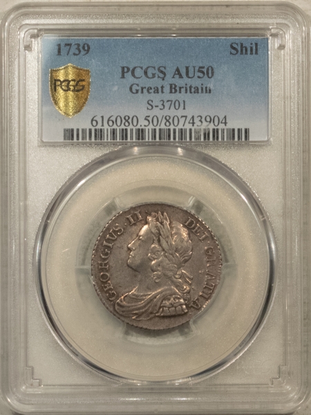 New Certified Coins 1739 GREAT BRITAIN SILVER ONE SHILLIING, S-3701, KM-561.4 – PCGS AU-50 W/ LUSTER