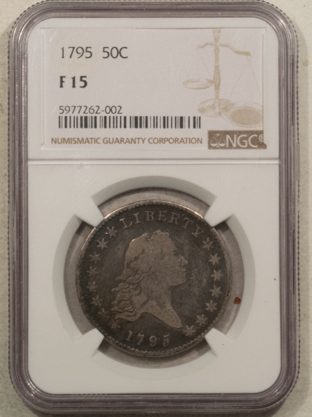 Early Halves 1795 FLOWING HAIR HALF DOLLAR, 2 LEAVES – NGC F-15, ORIGINAL AND NICE!