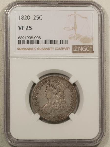 Capped Bust Quarters 1820 CAPPED BUST QUARTER, MEDIUM 0, B-3 – NGC VF-25, TOUGHER!