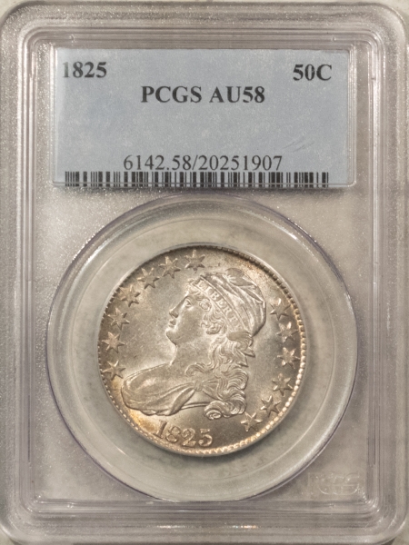 Early Halves 1825 CAPPED BUST HALF DOLLAR PCGS AU-58, ORIGINAL WHITE & LOOKS CHOICE!