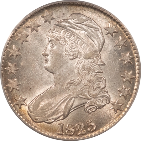 Early Halves 1825 CAPPED BUST HALF DOLLAR PCGS AU-58, ORIGINAL WHITE & LOOKS CHOICE!