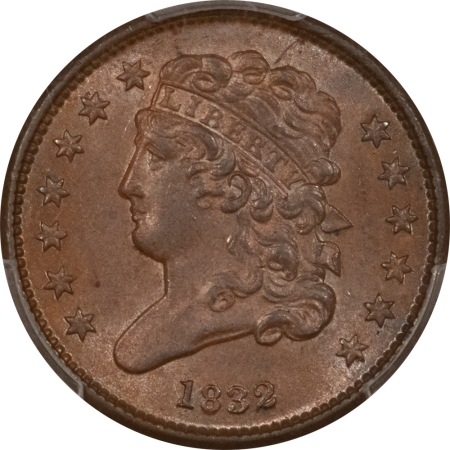 Classic Head Half Cents 1832 CLASSIC HEAD HALF CENT, COHEN 2 – PCGS AU-58 FRESH & LOOKS UNC!