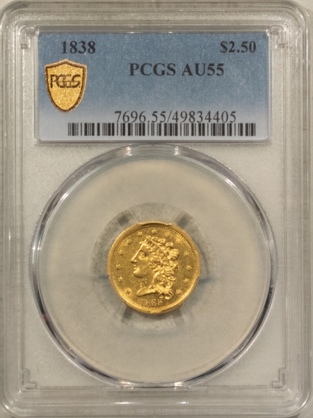 Gold 1838 $2.50 CLASSIC HEAD GOLD QUARTER EAGLE – PCGS AU-55, BRIGHT, LUSTROUS, PQ!