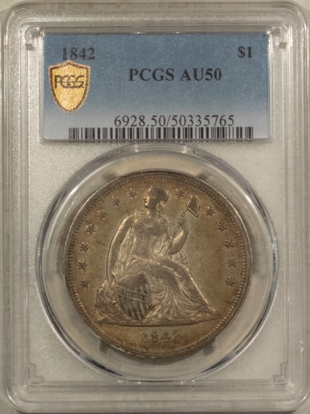 Liberty Seated Dollars 1842 $1 LIBERTY SEATED DOLLAR – PCGS AU-50, REALLY NICE ORIGINAL EARLY DATE!