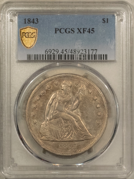 Liberty Seated Dollars 1843 $1 LIBERTY SEATED DOLLAR – PCGS XF-45, PLEASING WITH LUSTER