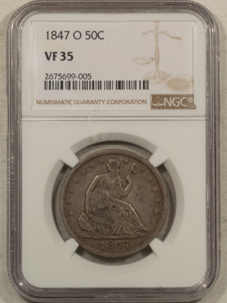 Liberty Seated Halves 1847-O SEATED LIBERTY HALF DOLLAR – NGC VF-35, NICE ORIGINAL COIN!