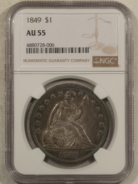 Liberty Seated Dollars 1849 $1 LIBERTY SEATED DOLLAR – NGC AU-55, SCARCE DATE!