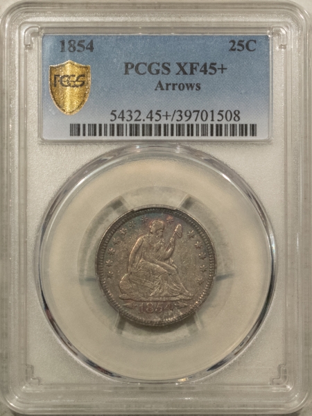 Liberty Seated Quarters 1854 SEATED LIBERTY QUARTER, ARROWS – PCGS XF-45+ PRETTY, POP 3!