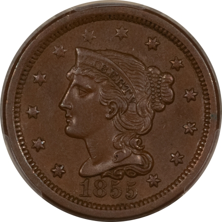 Braided Hair Large Cents 1855 BRAIDED HAIR LARGE CENT, UPRIGHT 55 – PCGS MS-62 BN, SMOOTH & NICE!