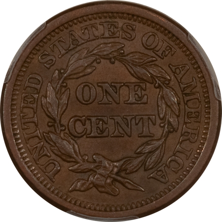 Braided Hair Large Cents 1855 BRAIDED HAIR LARGE CENT, UPRIGHT 55 – PCGS MS-62 BN, SMOOTH & NICE!