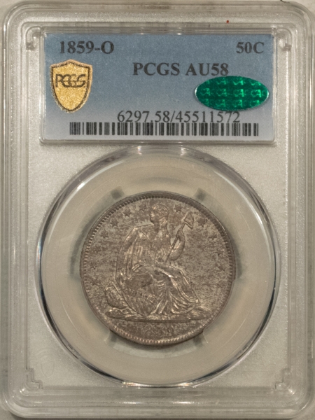 CAC Approved Coins 1859-O SEATED LIBERTY HALF DOLLAR – PCGS AU-58 CAC ORIGINAL W/ UNDERLYING LUSTER