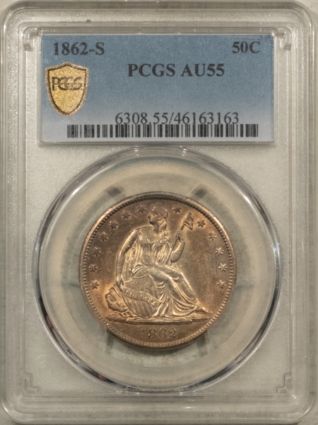 Liberty Seated Halves 1862-S SEATED LIBERTY HALF DOLLAR – PCGS AU-55, RARE CIVIL WAR DATE!