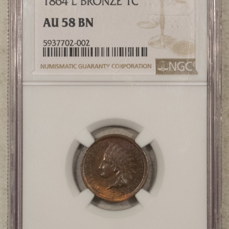 Indian 1864 INDIAN CENT, BRONZE, L ON RIBBON – NGC AU-58 BN