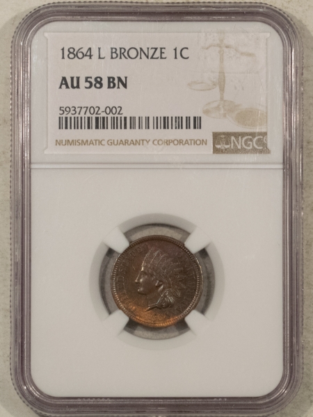 Indian 1864 INDIAN CENT, BRONZE, L ON RIBBON – NGC AU-58 BN