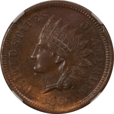 Indian 1864 INDIAN CENT, BRONZE, L ON RIBBON – NGC AU-58 BN