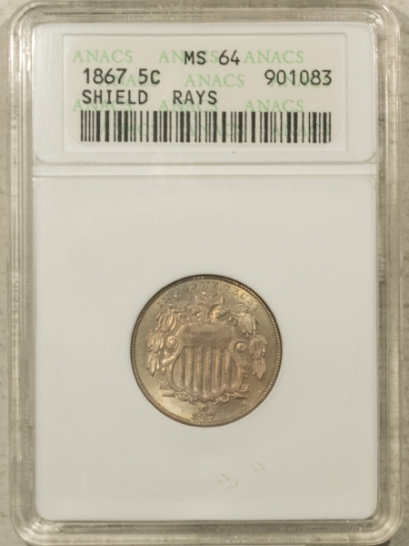 New Certified Coins 1867 SHIELD NICKEL, RAYS-ANACS MS-64 OLD WHITE HOLDER, SCARCE, PREMIUM QUALITY!