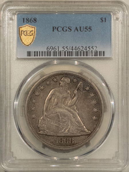 Liberty Seated Dollars 1868 $1 LIBERTY SEATED DOLLAR – PCGS AU-55, TOUGH DATE, NICE ORIGINAL