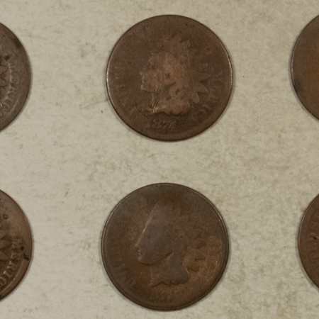 Indian 1874 1875 X2 1879 X3 INDIAN CENTS, LOT/6 – LOW GRADE, FILLER!