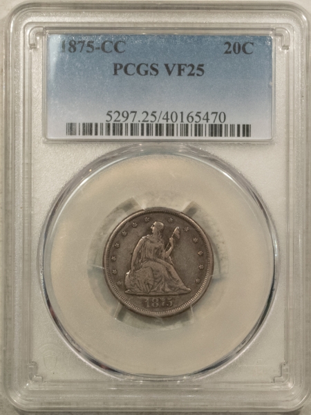 New Certified Coins 1875-CC TWENTY CENT PIECE – PCGS VF-25, NICE ORIGINAL CARSON CITY!